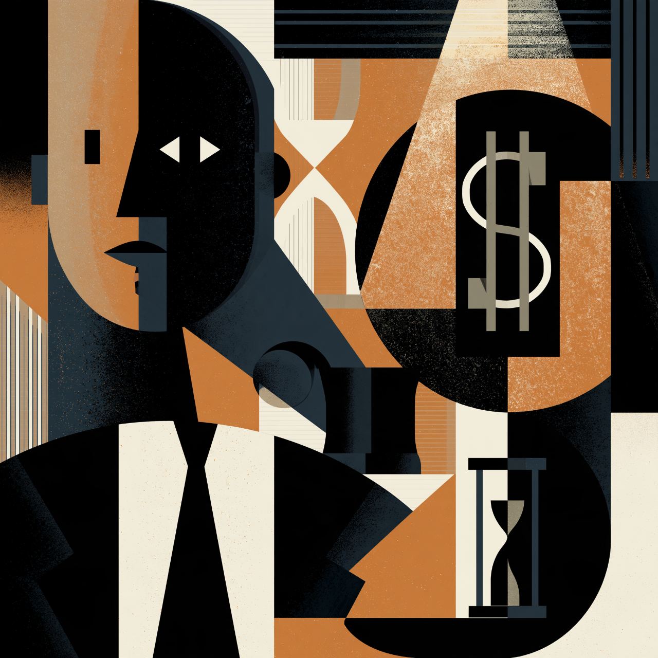 Geometric figure in a suit beside a dollar sign and an hourglass, in black, orange and cream.