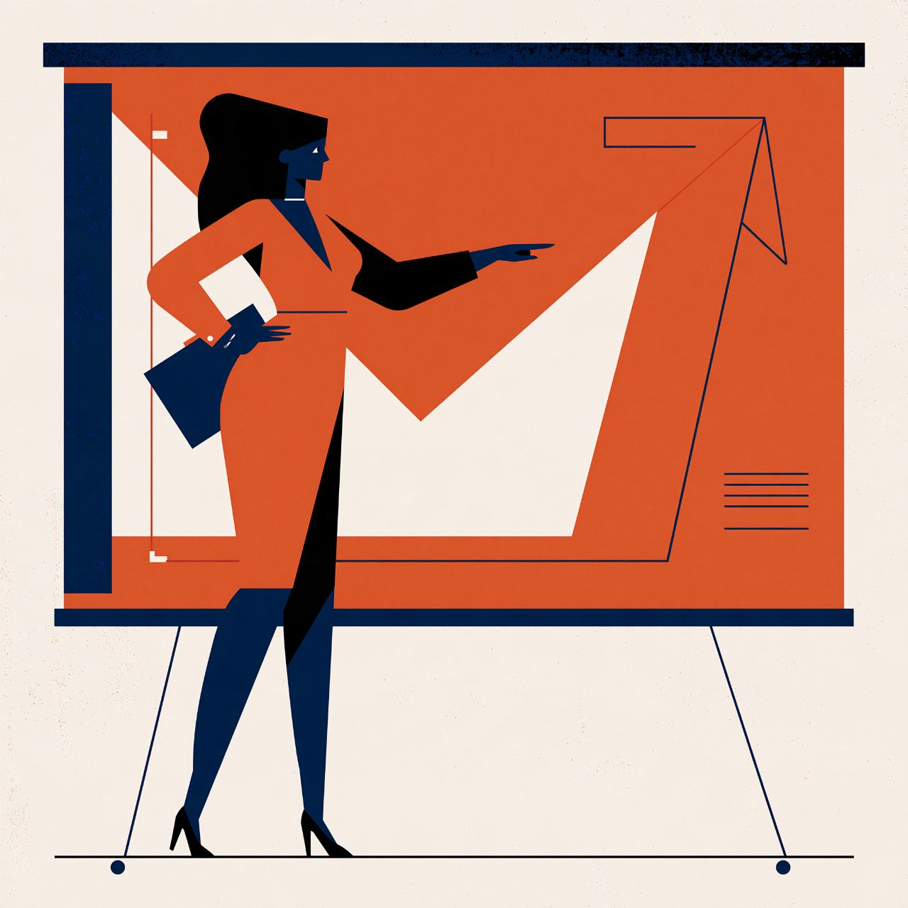 A presenter in an orange suit points to a rising arrow on a projection screen, drawn in orange, navy and cream.