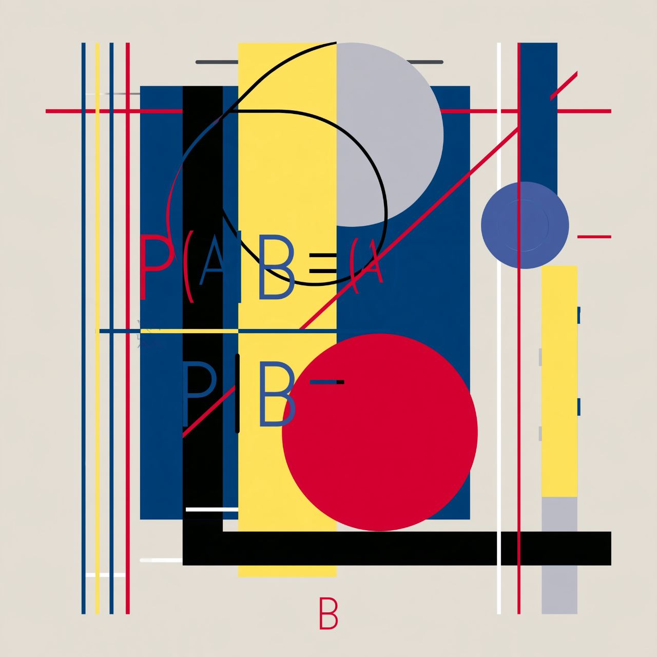Abstract composition in blue, red, yellow and black built around the Bayes formula, P(A|B).